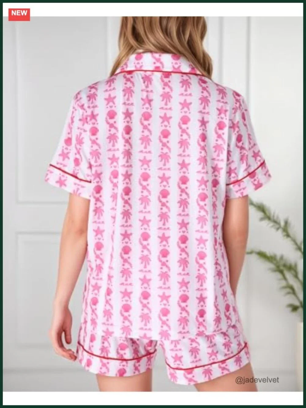 Women's Pajama Set with Palm Print Short Sleeve Top & Shorts Summer Sleepwear
